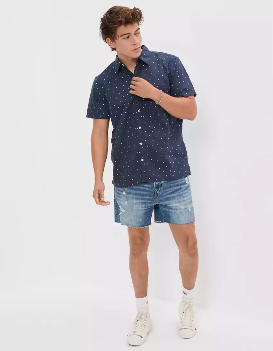 Hauts Flanelle American Eagle AE Micro Dot Button-Up Resort Shirt Bleu Marine Homme | AHW-08368666